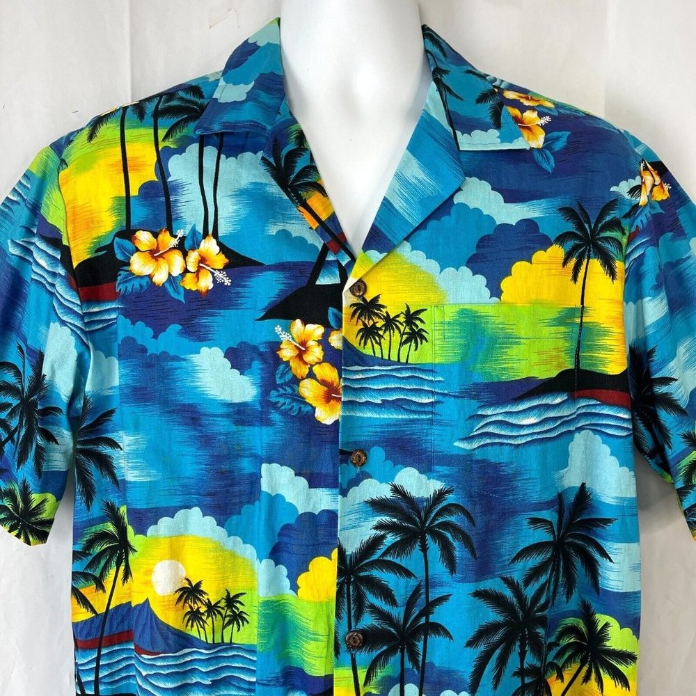 Aloha Republic Tropical Sunrise Vtg Hawaiian Shirt Large Mens Slim 45x30 Cotton - Picture 1 of 6